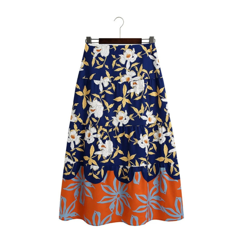 Spring Print Long Sleeve Shirt and Elastic Waist Skirt 2 Piece Set